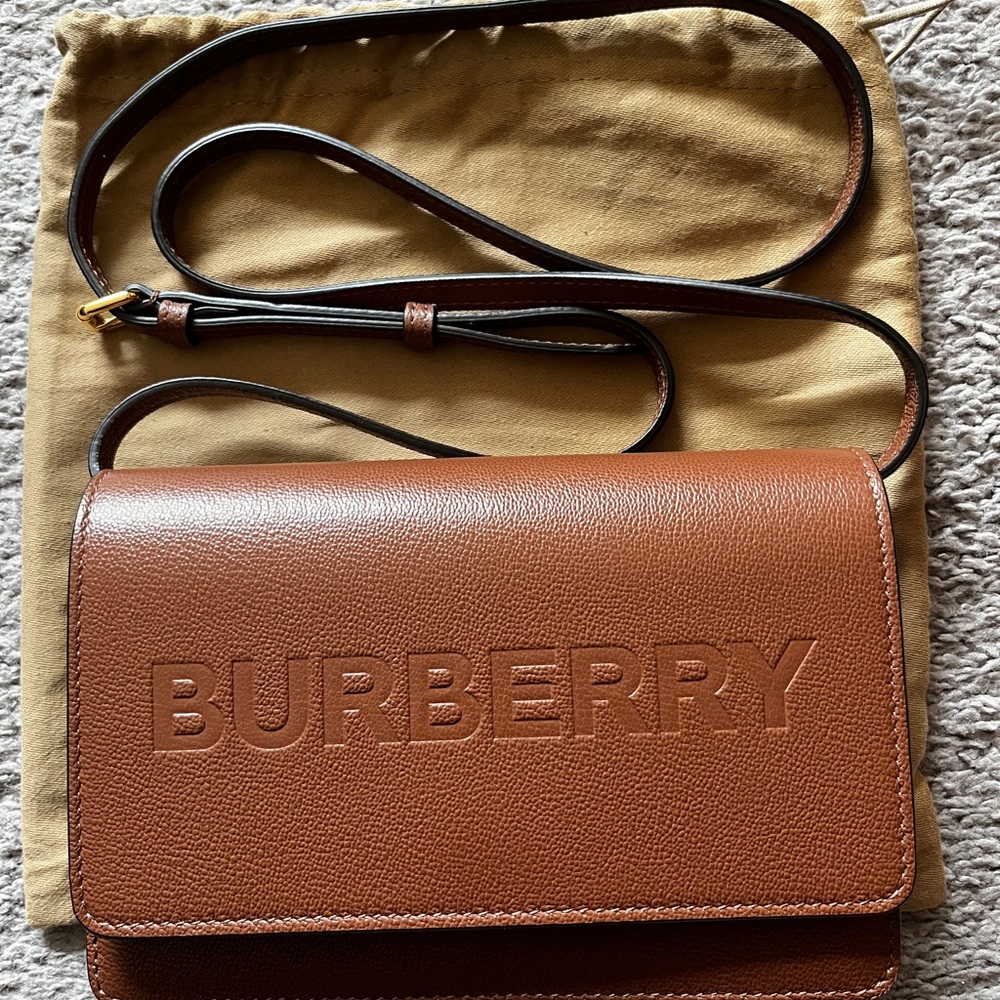 Burberry Embossed Logo Leather Crossbody - Cognac Brown